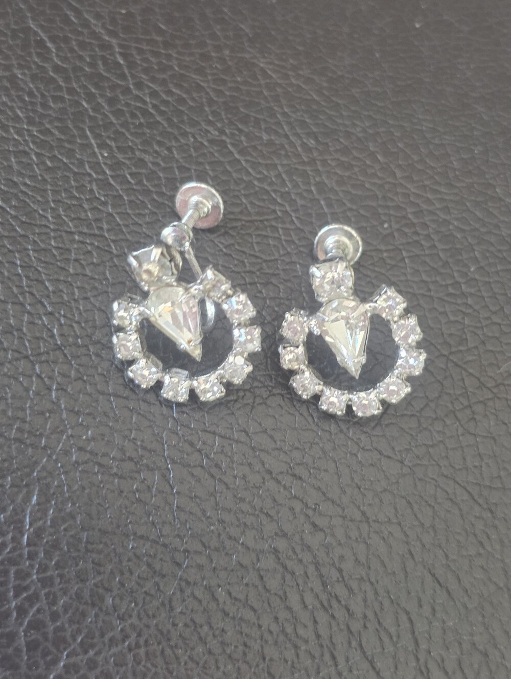Silver Crystal Heart Circle Drop Earrings - Screw Back - Continental Brand